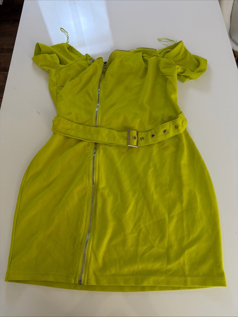 Boohoo Lime Neon Green Moto Asymmetric Zip Off The Shoulder Belted Mini Dress 14